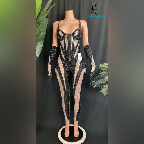 Rhinestone Embellished Bodycon Jumpsuit with Matching Hand Gloves